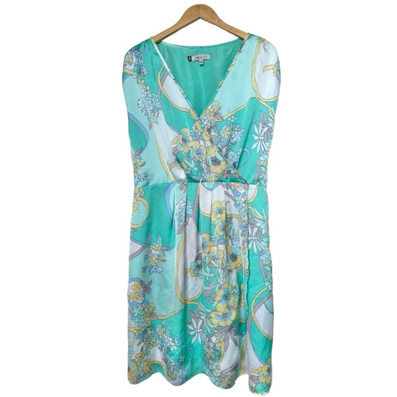 Jennifer Lopez JLO Surplice Faux Wrap Floral Dress Aqua Sleeveless  Size 1X - Picture 6 of 11
